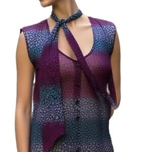 BCBGeneration Sheer Purple & Blue Abstract Sleeveless Blouse with Tie Size 0
